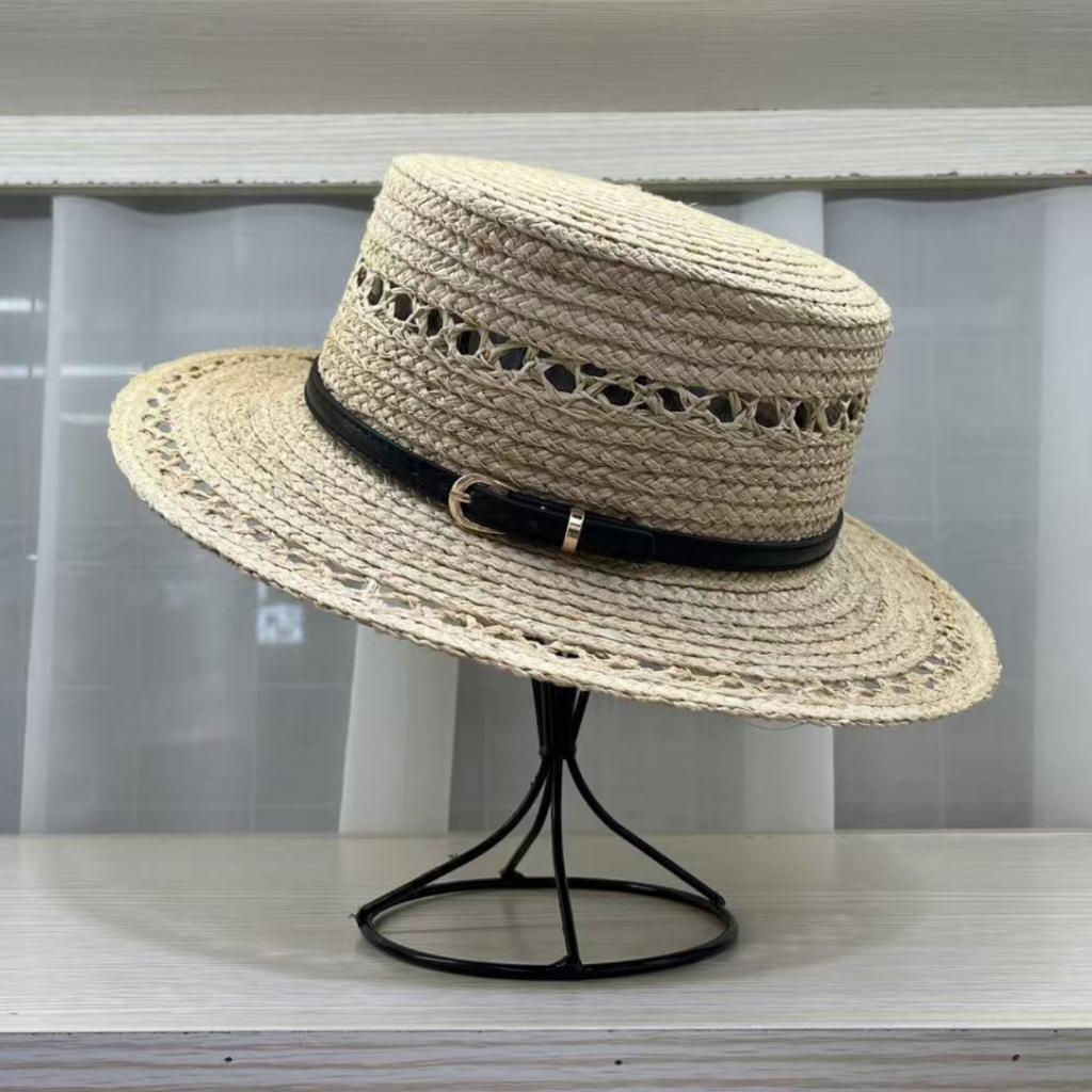2026 new daily single raffia hand-woven flat-top straw hat children's summer beach breathable sun protection top hat