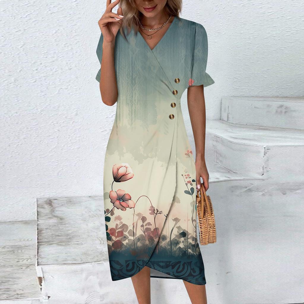 Пляжные платья для женщин, весна-лето, элегантное платье с запахом и V-образным вырезом в стиле бохо, струящееся гавайское платье макси с рюшами