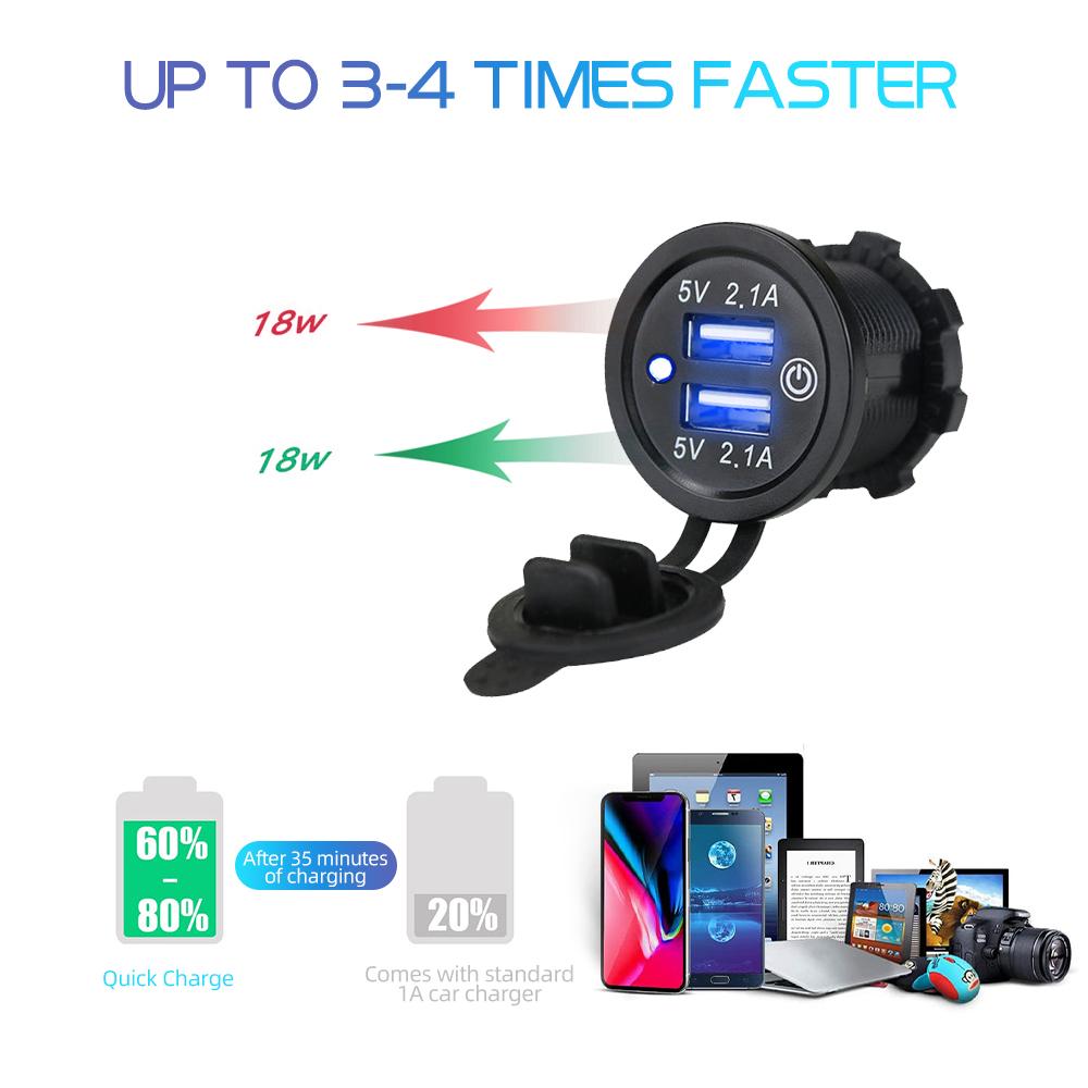 Dual USB Car Charger Socket Waterproof Fast Charge Power Outlet With Touch Switch For 12V-24V Motorcycle Boat Marine Truck ATV