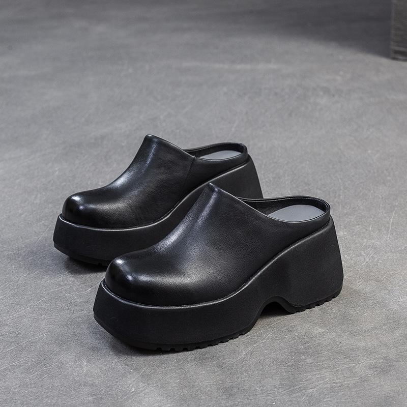 Johnature Тапочки на толстой танкетке с толстой подошвой из натуральной кожи в стиле ретро, однотонные женские туфли на платформе