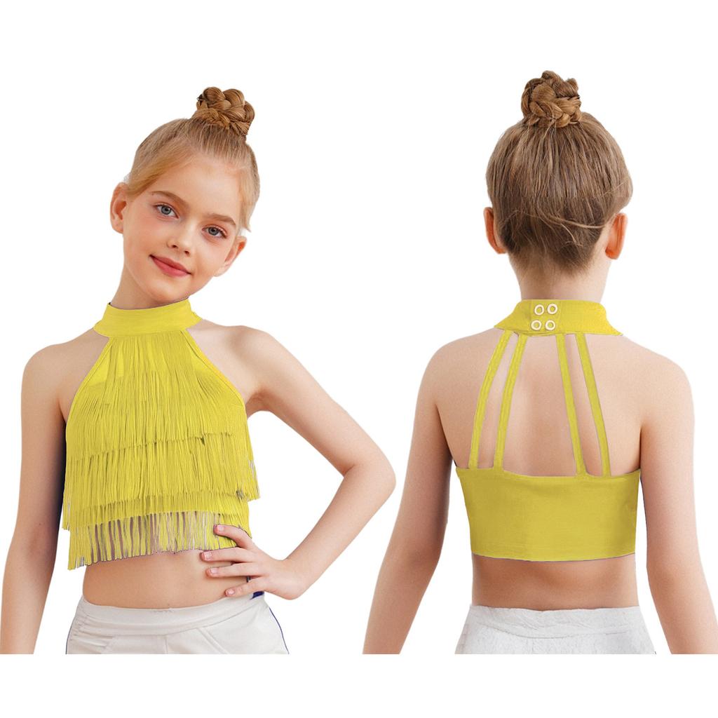 Девочки Сальса Латинские Танцы Укороченный Топ: Безрукавка с бахромой и ремешками на спине с многоярусной бахромой для соревнований