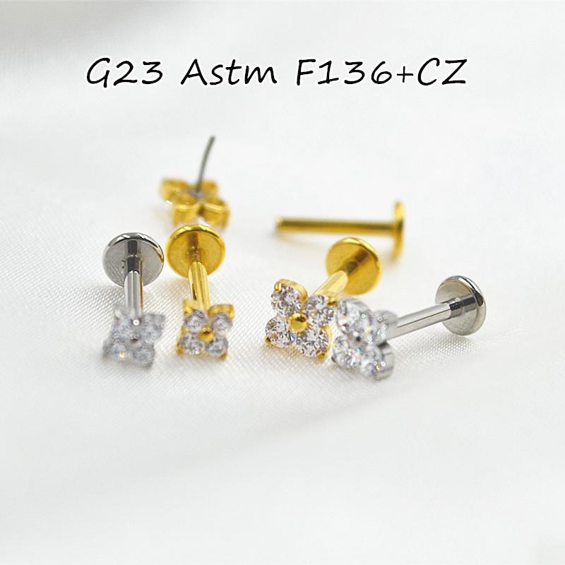 ASTM F136 Титановые Серьги-гвоздики Пирсинг для Губ Минималистичные Украшения для Пирсинга Тела Четырехлистник с Фианитами