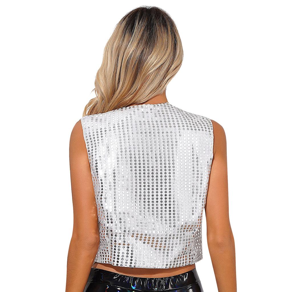 Womens Glitter Sequins Vest Pointed Hem Waistcoat for Jazz Dance Choir Performances