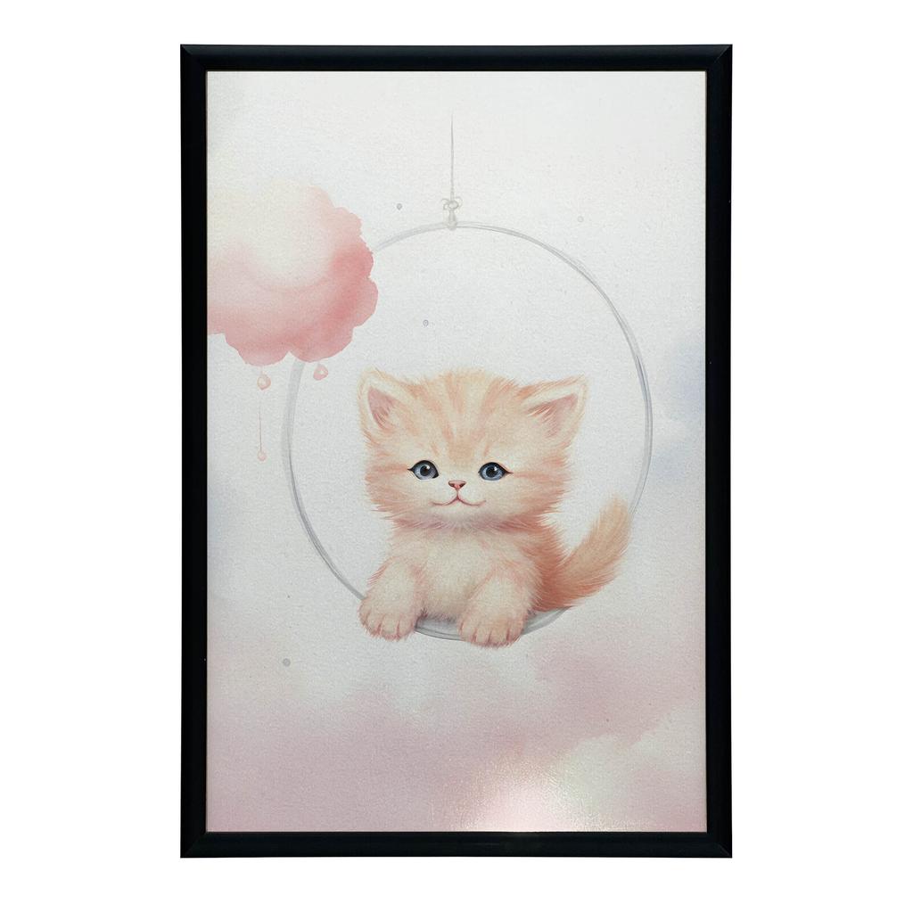 Радостный Котенок На Качелях Радостный Котенок На Качелях, 50x70 См, Золотая Алюминиевая Рама, Матовая Бумага 230 г/м²