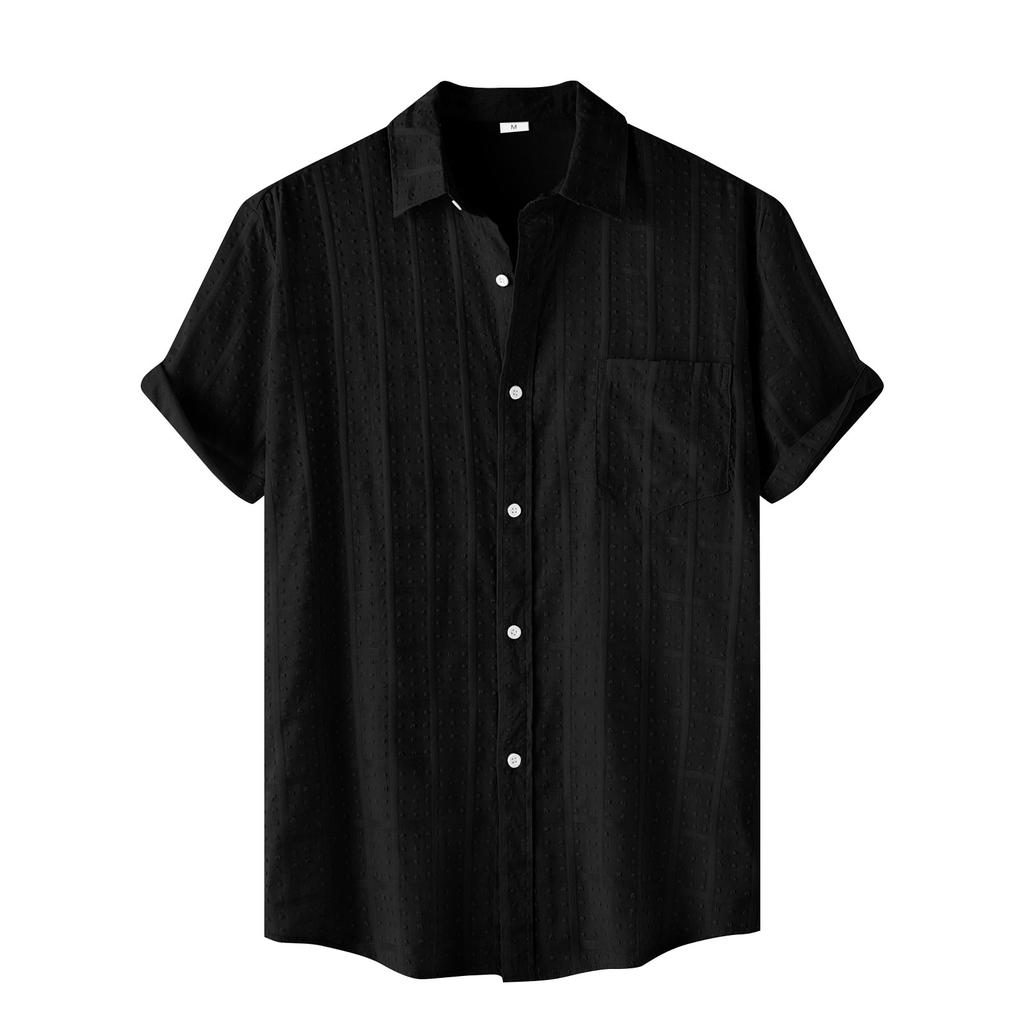 Men's Casual Single Pocket Striped Solid Color Short Sleeve Single Breasted Lapel Shirt