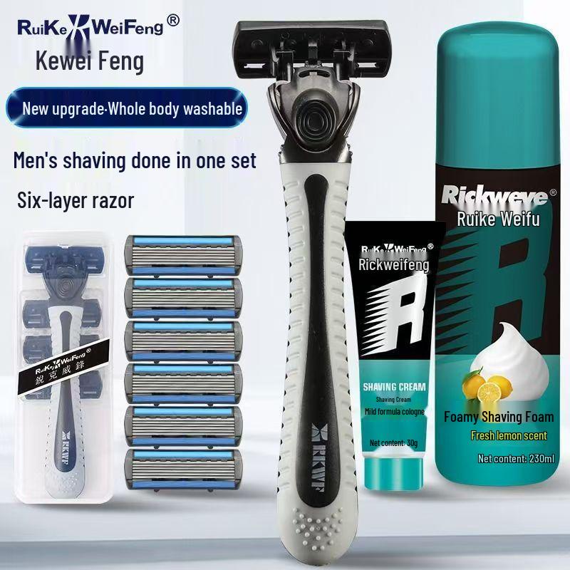 Men's Manual Razor with Six-Layer Blade - High-End Shaver and Beard Razor with Holder