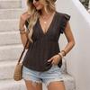 Women Solid Color V Neck Flutter Sleeve Casual Loose Pullover T Shirt Top