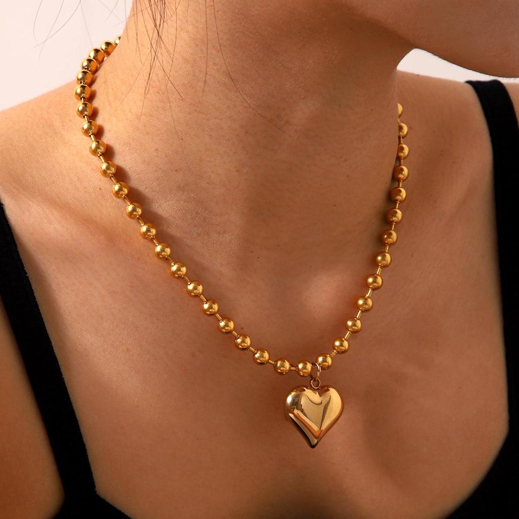 18K Gold Heart Pendant Necklace with Round Bead Chain In Titanium Steel – European & American Classic Style for Women