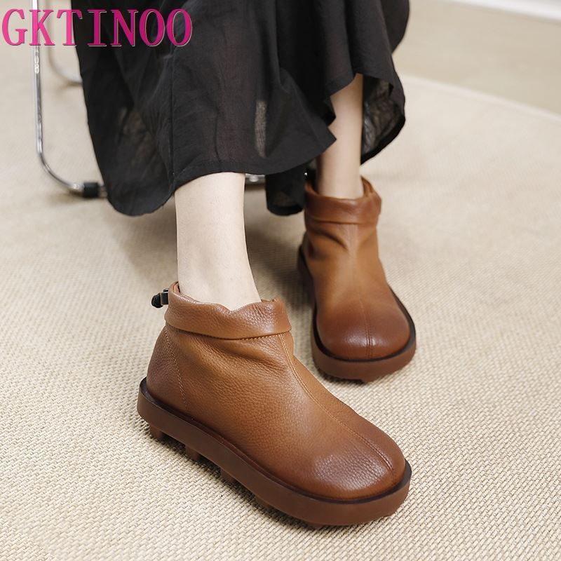 Fashion GKTINOO Genuine Leather Women Short Boots 2024 New Winter Round Toe Lace Lock Buckle Solid Color Handmade Retro Ankle Boots