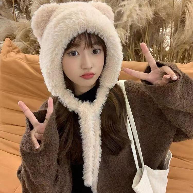 Милая вязаная шапка с маленьким мишкой для женщин, плюшевая толстая шапка плюс бархатная толстая защита ушей, шерстяная шапка от холода