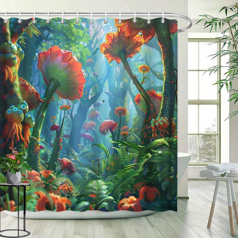 Шторка для душа Flora & Fauna - Фантазия тропических джунглей, 3D HD природные пейзажи, Средневековый стиль, Полиэстер, Включает 12 крючков