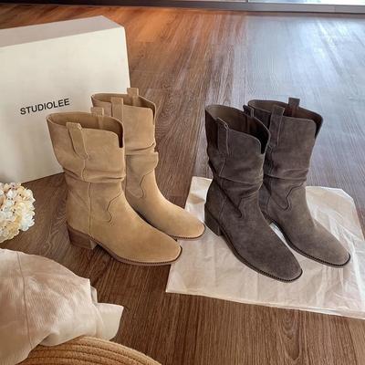 Кожа коровы виноградная мама с той же высотой каблука 8 см корейские тупоносые с V-образным вырезом на толстом каблуке короткие ботинки на тонком ворсе женские западные ковбойские ботинки