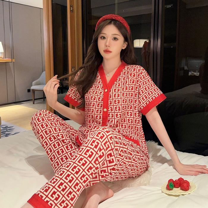 Chic Bow Print Womens Pajama Set Comfortable Short Sleeve V Neck Top and Elastic Waist Pants Luxurious Sleepwear & Loungewear