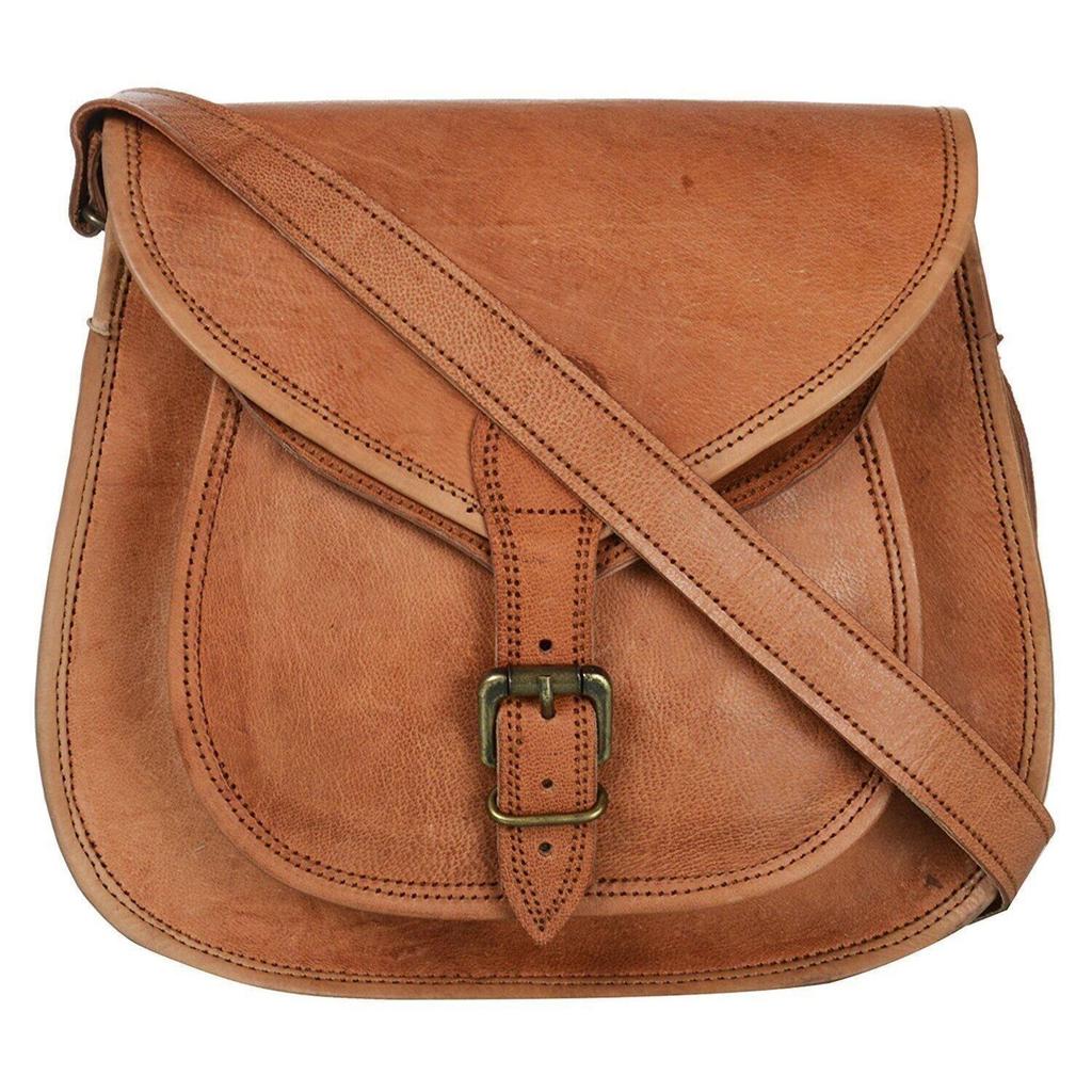 Vintage Brown Goat Leather Women Messenger Satchel Tote College Crossbody Purse