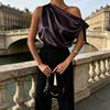 Женская рубашка с косым плечом асимметричная с открытыми плечами с бантом блузка повседневная в стиле для работы свободного кроя атласная