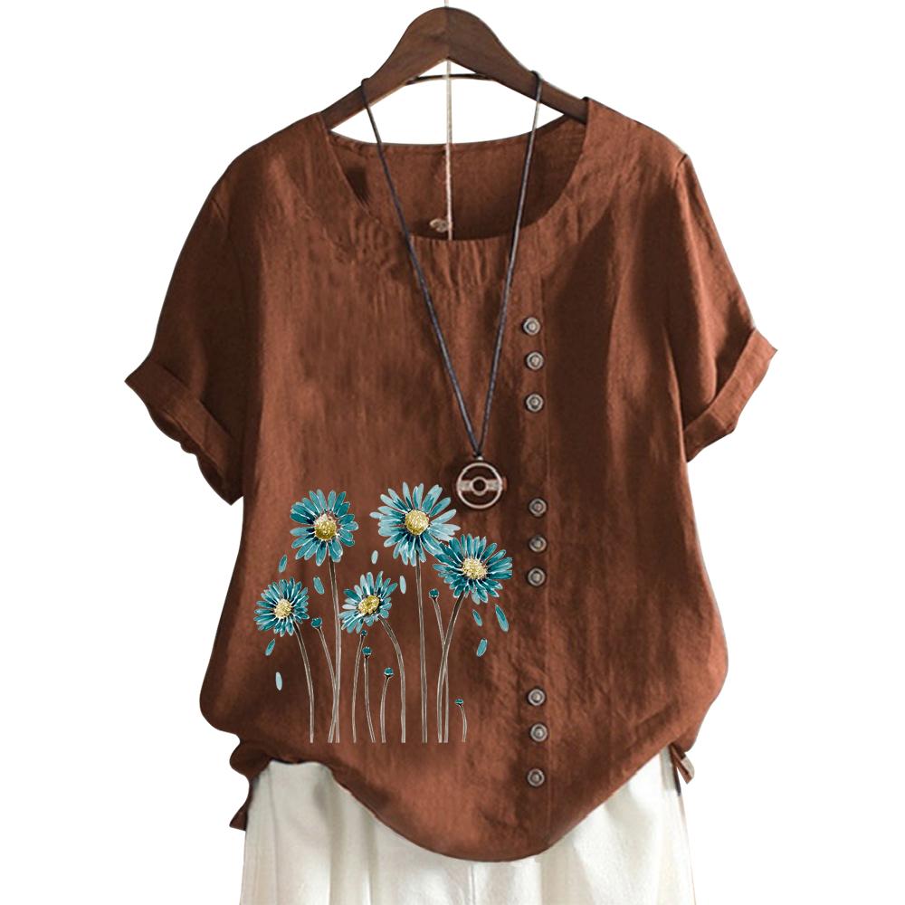 Trendy Ladies' Short Sleeve Top with 11 Colorful Floral Patterns and Round Neck
