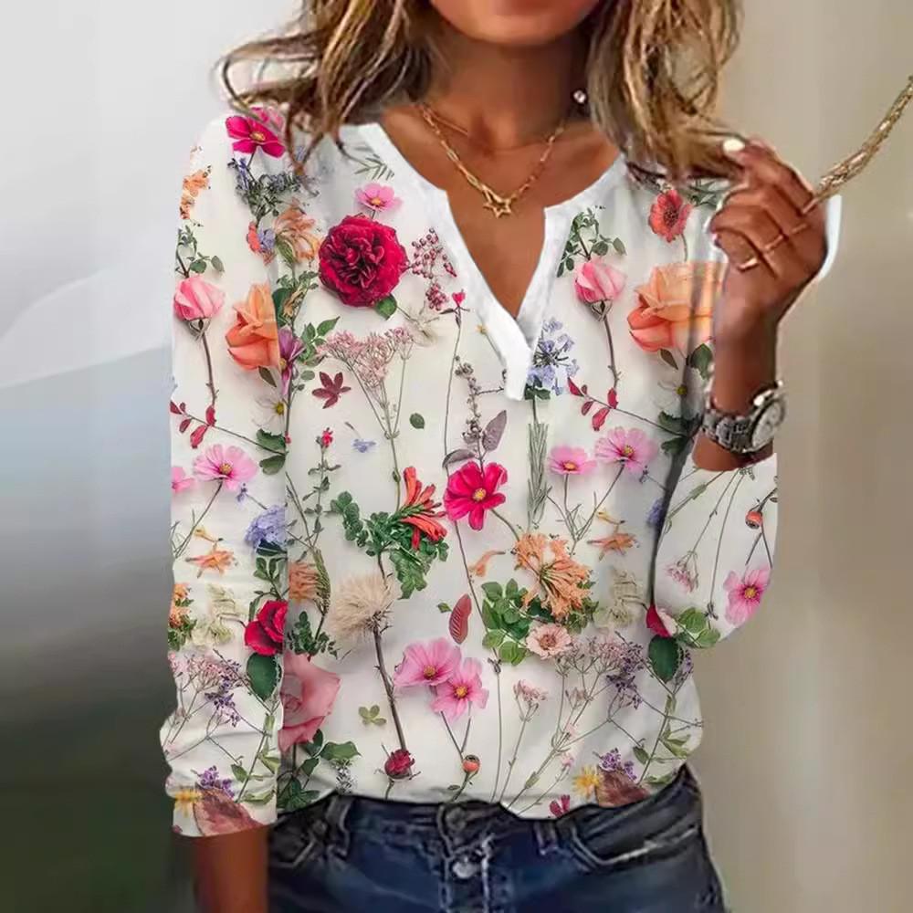 Floral Printed Vneck Long Sleeve Tshirt For Women With Polyester And Spandex For Casual Wear
