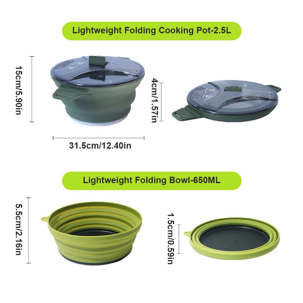 Outdoor Collapsible Pot with 2 Foldable Bowls Heat Resistant Cook Pot Tableware Stainless Steel for Hiking Backpacking