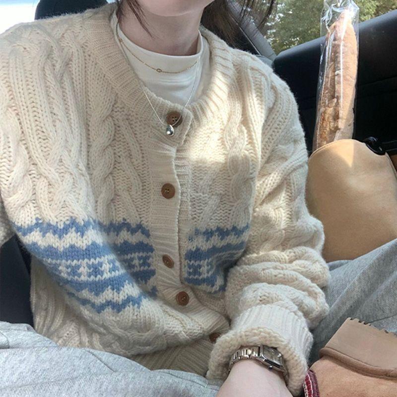 Овечья шерсть ретро цвет контраст японский ленивый ветер свободные жареные переплетения теста кардиган свитер пальто женщины