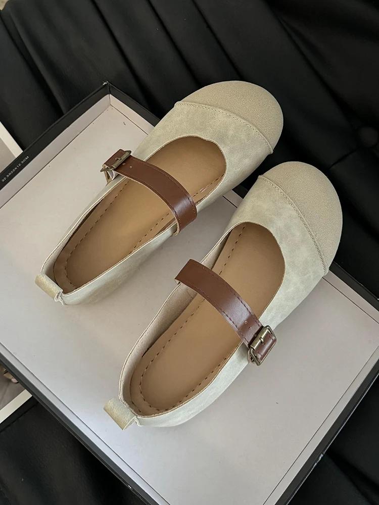 Модные женские туфли-лоферы из замши и кожи, женская обувь в стиле ретро с мягкой подошвой, удобные балетки в корейском стиле с круглым носком, повседневная обувь
