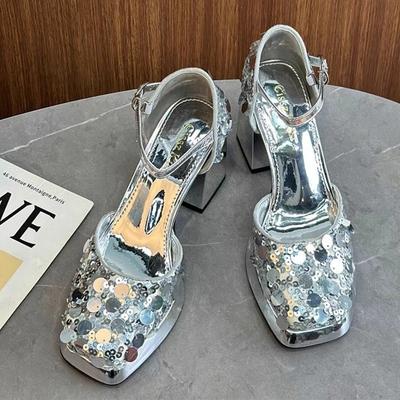 Блестящие женские босоножки на высоком каблуке, роскошные летние туфли Мэри Джейн с квадратным носком, дизайнерские, для вечеринки, свадьбы, на массивном каблуке, zapatos mujer