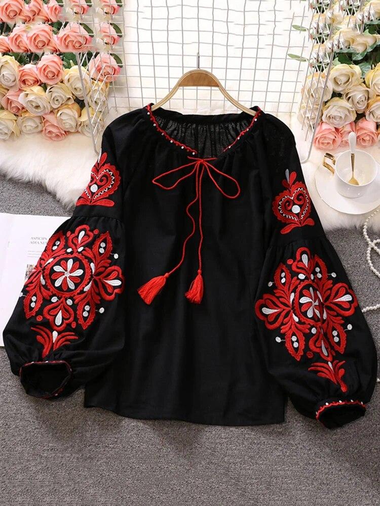 Sweet Style Women Pullover Shirts Embroidery Patchwork Bandage V-neck Lantern Sleeve Spring Summer 2024 New Blouse