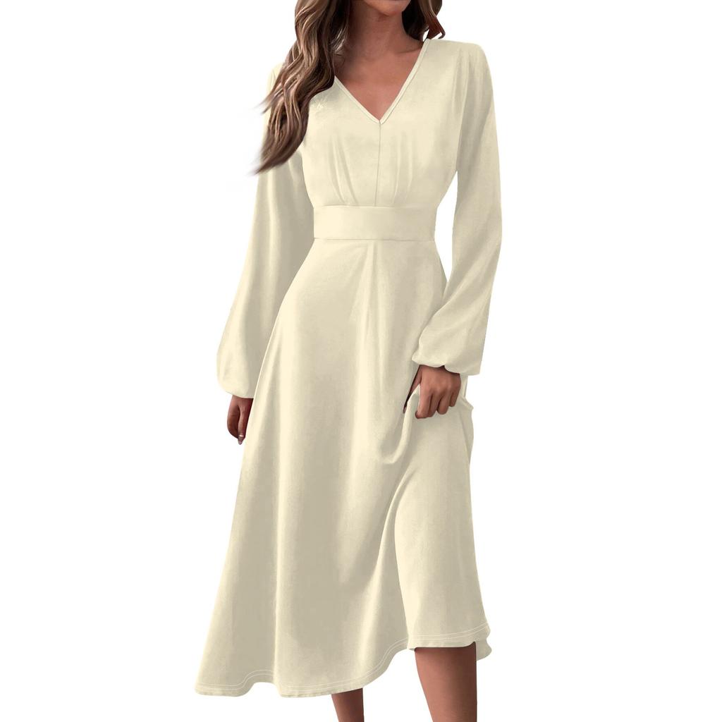 Women's  And Winter Casual Fashion V-neck Long Sleeve Solid Color Long Dress
