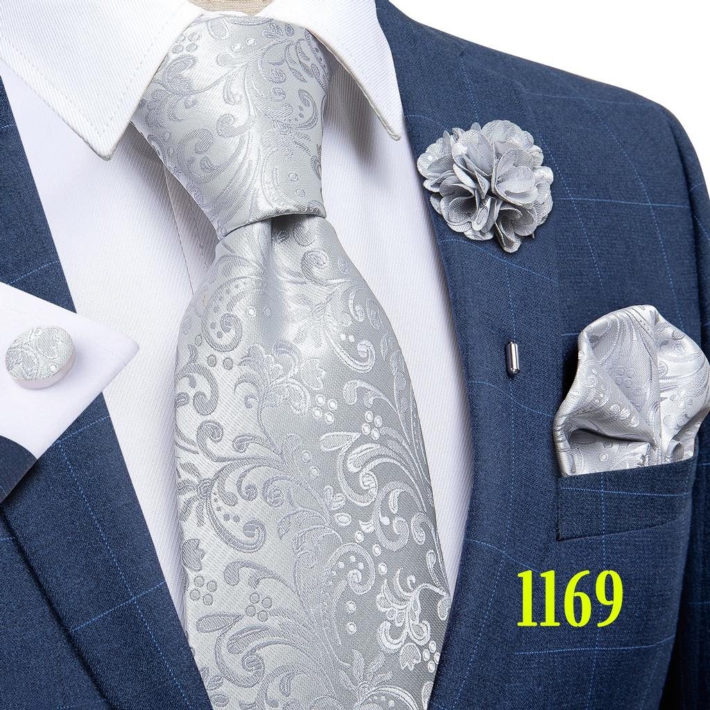Classic 8.5cm Necktie Set for Men Paisley Tie Fashion Flower Lapel Pin Silk Tie Hanky Cufflink Business Party