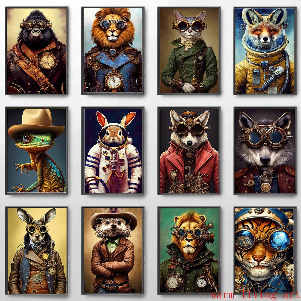 Retro Steampunk Cat Wolf Astronaut Rabbit Poster Art Canvas Painting Funny Animal Tiger Gorilla Poster Living Room Home Decor