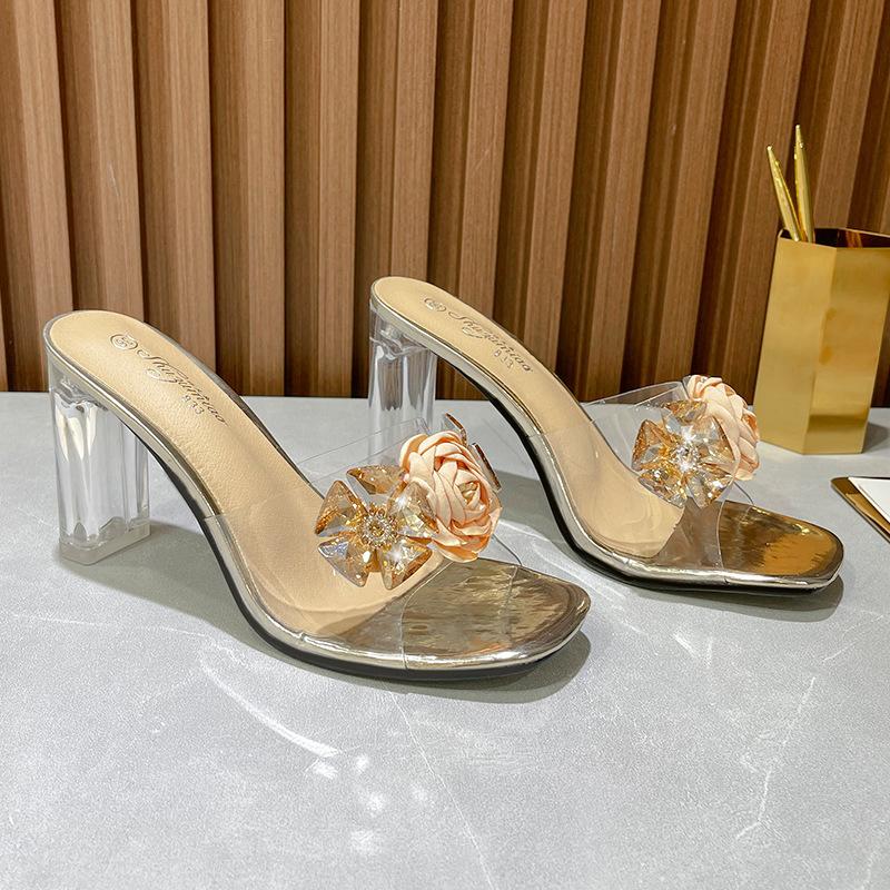 Женские сандалии больших размеров на высоком каблуке с прозрачными кристаллами и цветком