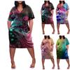 2022 Women's Summer Plus Size V Neck Short Sleeve Knee Pocket Tie-dye Print Casual Dress