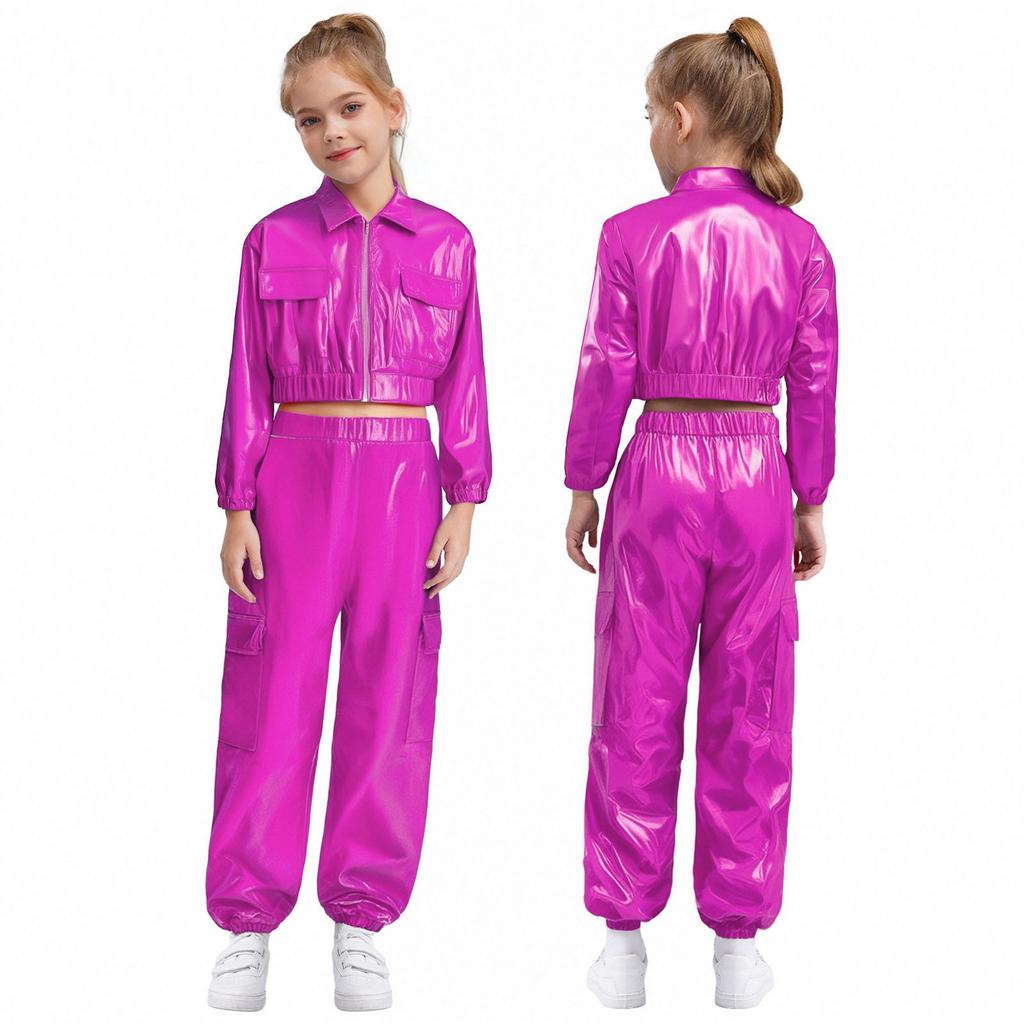 Детский танцевальный костюм для хип-хопа унисекс, куртка цвета металлик с длинными рукавами, отложным воротником и блестящими брюками