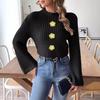 Women's short open-button top, hand-crocheted pearl beads, European and American new horn-sleeved semi-turtleneck sweater