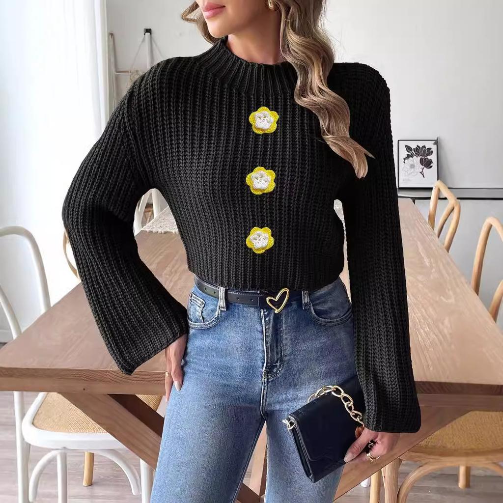 Women's short open-button top, hand-crocheted pearl beads, European and American new horn-sleeved semi-turtleneck sweater