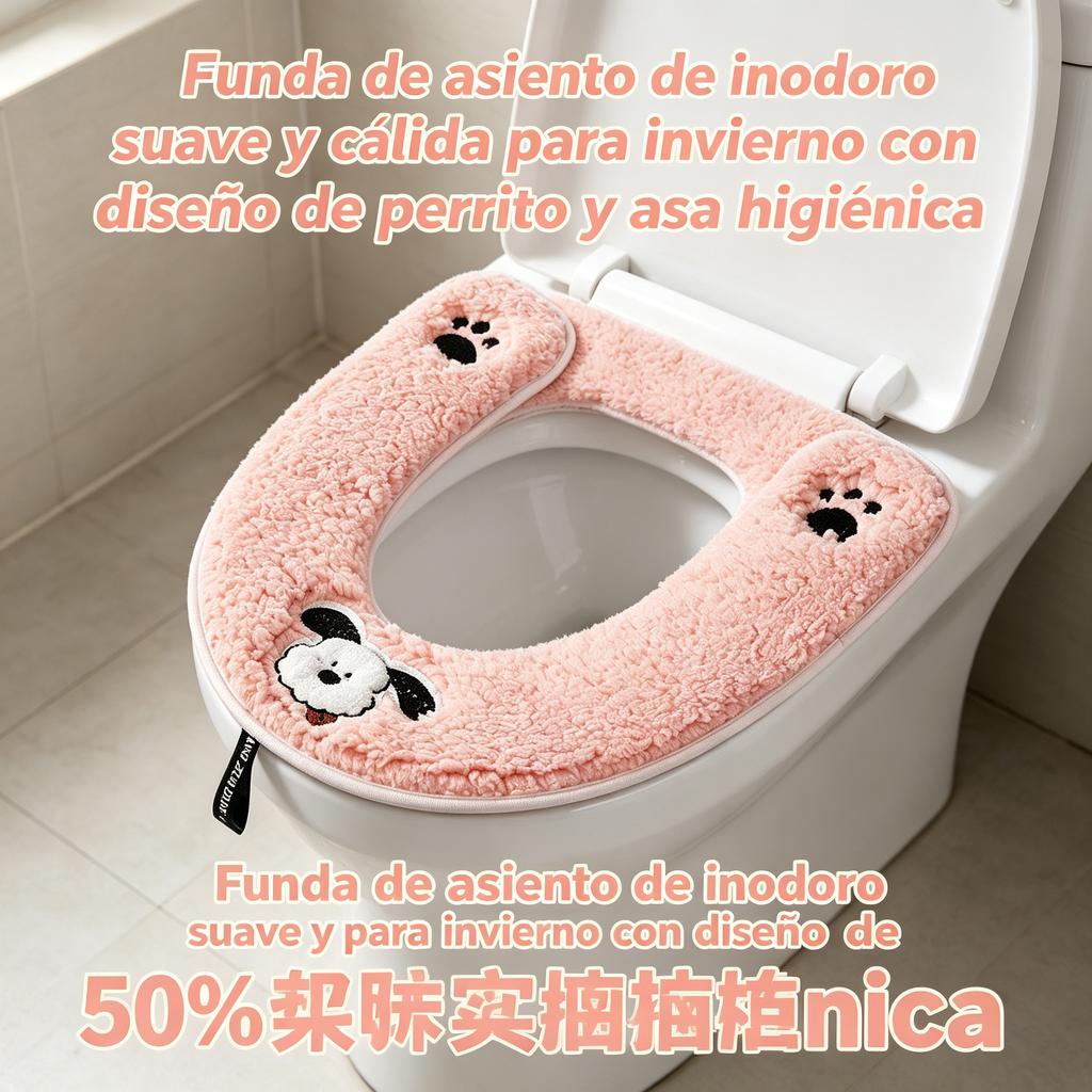 Funda de asiento de inodoro suave y cálida para invierno con diseño de perrito y asa higiénica