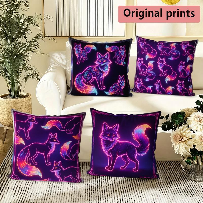 Neon Glow Mystical Fox Print Throw Pillow Covers Pattern Cushion Cover Suitable For Sofa Bedroom Car Pillow Cover