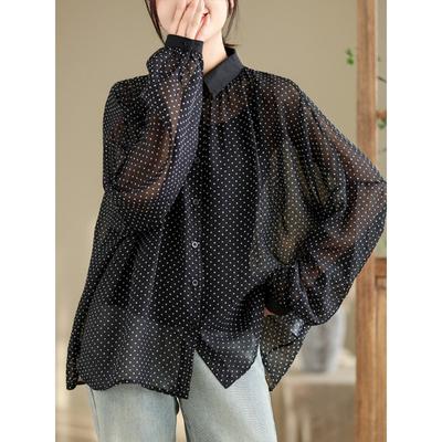 Весна Лето Рубашка Женская Белая Шифоновая Блузка Рукав Летучая Мышь Горошек Модные Топы Футболки Свободные Футболки Новые