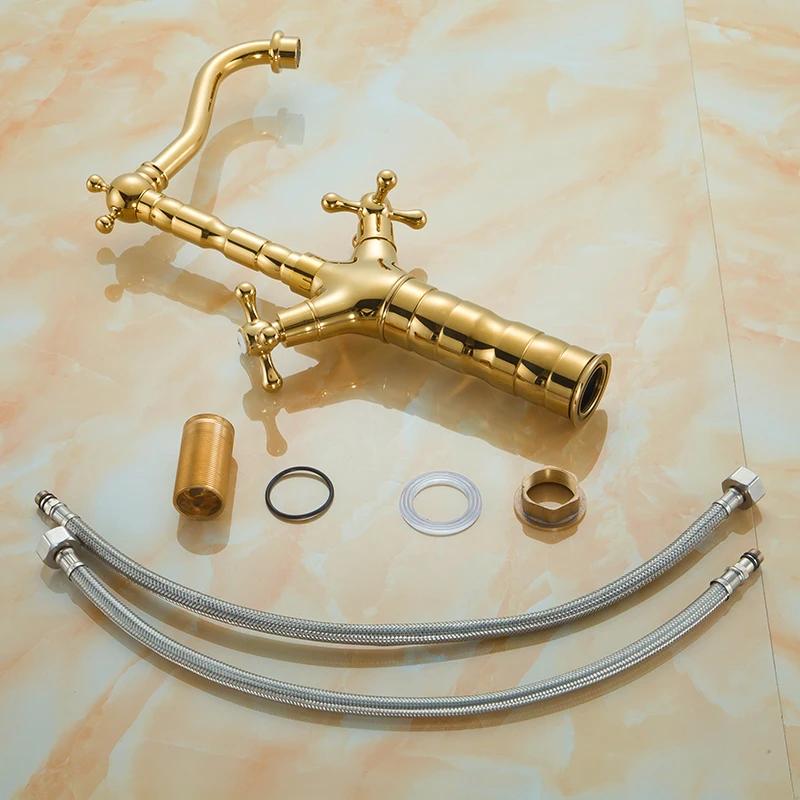 Золотой смеситель для раковины, смеситель для ванной комнаты, устанавливаемый на столешницу, с двумя ручками, черный смеситель для раковины, антикварный кухонный смеситель, хром