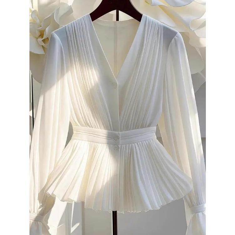 Молодежная элегантная плиссированная белая рубашка с длинным рукавом на пуговицах для женщин с V-образным вырезом и оборками, базовая блузка из шифона для офиса и повседневной носки