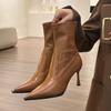 2025 Spring and Autumn New Fashion Versatile Autumn and Winter Feeling Pointed Splicing High-heeled Short Boots Women's Thin Heel Single Boots