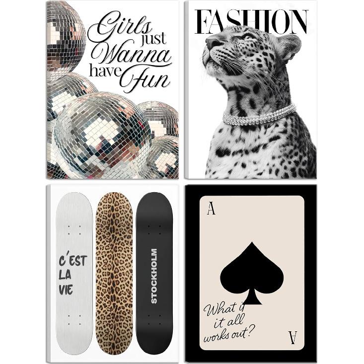 Модное леопардовое настенное искусство в стокгольмском стиле Декор стен комнаты Шикарный Роскошный Мода Y2k Гепардовые Постеры Диско-шар Девочки Хотят Веселиться Фотографии Печать