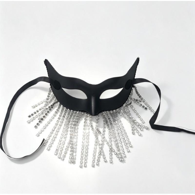 Black Glitter Rhinestone Tassel Half-Face Mask Venetian Masquerade Halloween Costume Party Ball Eyemask