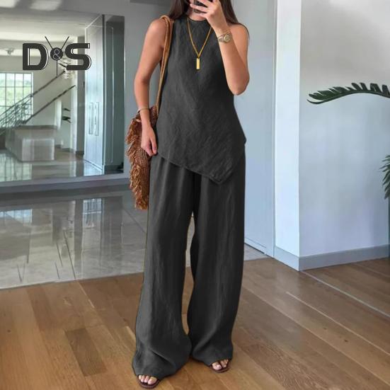 Женский комплект из двух предметов с неровным подолом, безрукавка, топ с круглым вырезом, широкие брюки, летний повседневный спортивный костюм