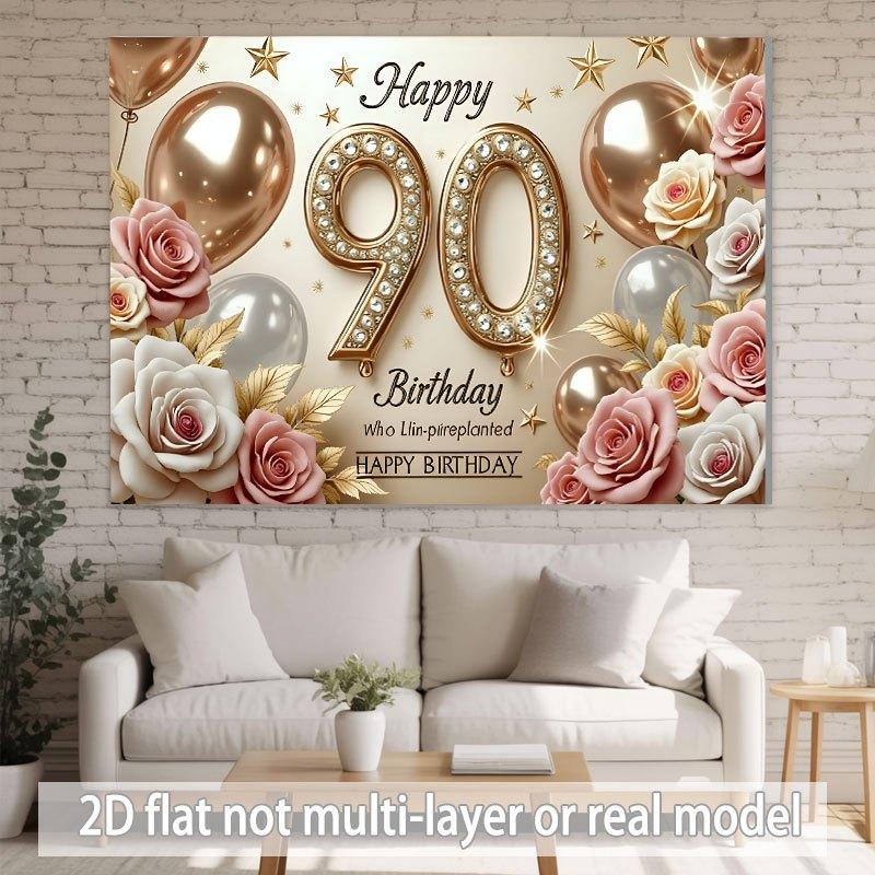 90th Birthday Party Backdrop Polyester Banner Photo Booth Decoration