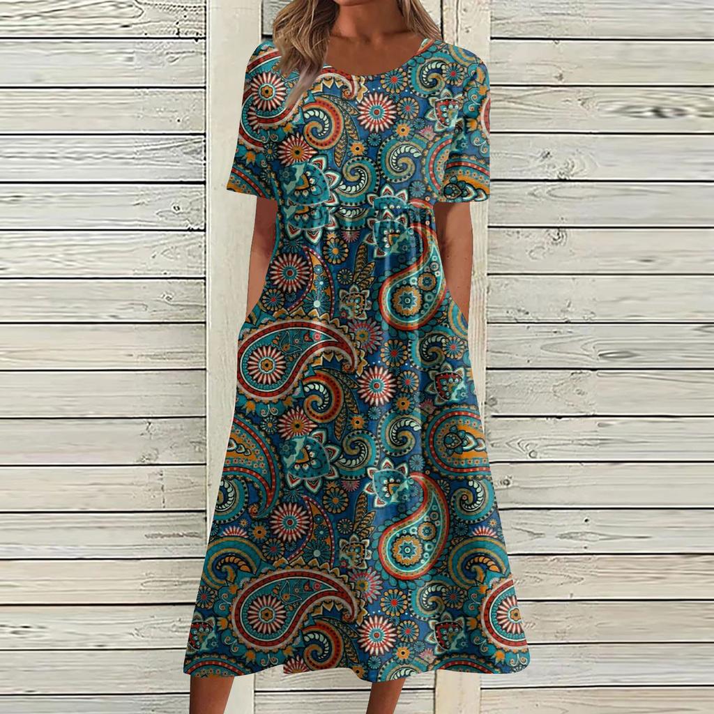 Жен. Повседневные платья Платья с принтами Летние платья С принтами Плиссированные платья-миди с круглым вырезом Классический Классический На открытом воздухе Повседневные С короткими рукавами Свободные платья