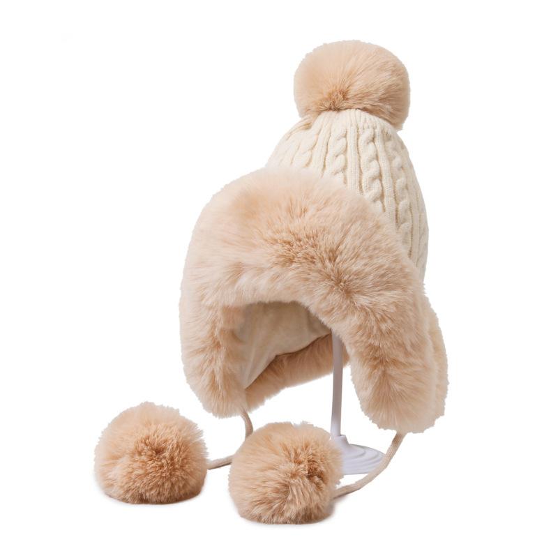 Hunting-Style Women's Faux Fox Fur Pom-Pom Earflap Hat Wool Knit Business Travel Ski Beanie 100% Polyester