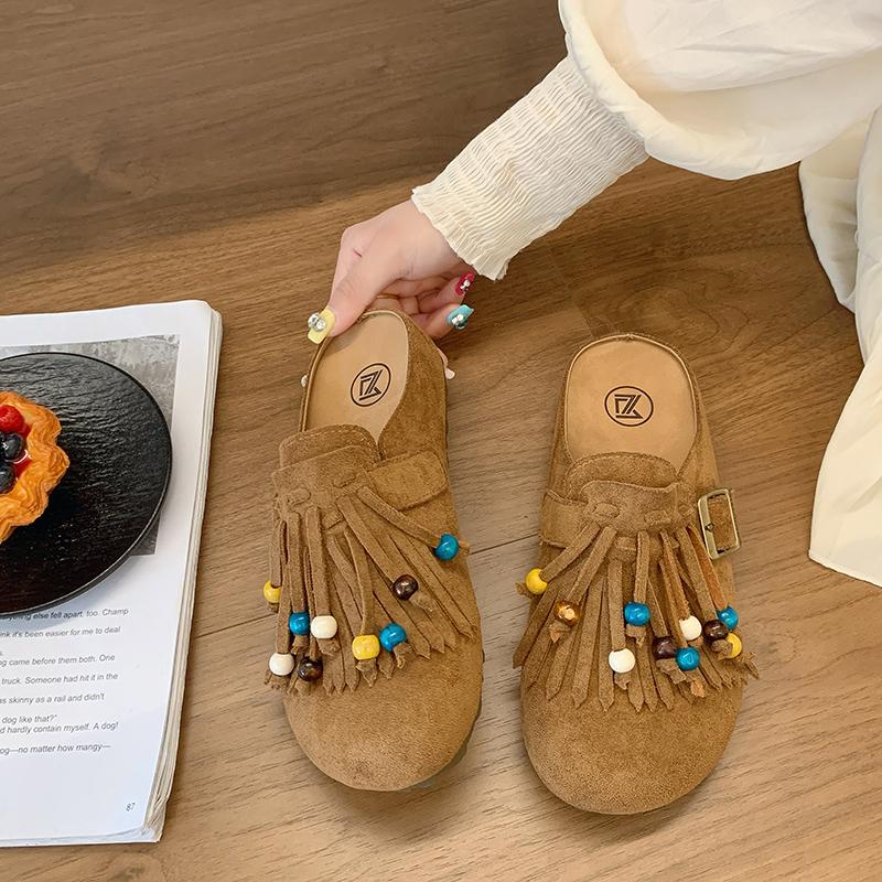 Модные Ретро 2025 Новые Платформа Баотоу Ленивые Плоские Удобные Богемные Этнические Шлепанцы