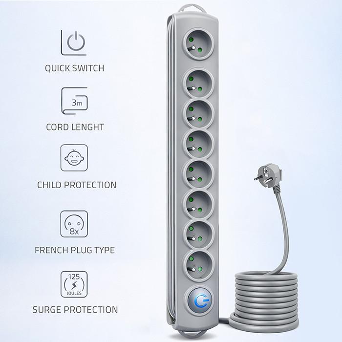 Qoltec Surge Protector Power Strip | 6 Sockets | 3m | Gray