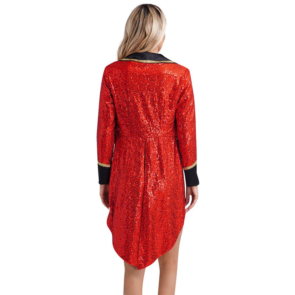 Womens Halloween Circus Sequin Tailcoat Notch Lapel Long Sleeve Open Front Tuxedo Outerwear Ringmaster Magician Costumes