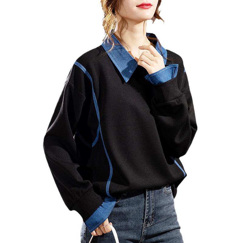 Женская толстовка без капюшона: Мода осень/зима 2023 года, свободный крой, модный длинный рукав, имитация двухкомпонентного костюма, большой размер.